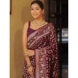 Maroon silk printed saree with unstitched blouse (5.5Mtr), luxury Indian traditional wear on mannequin