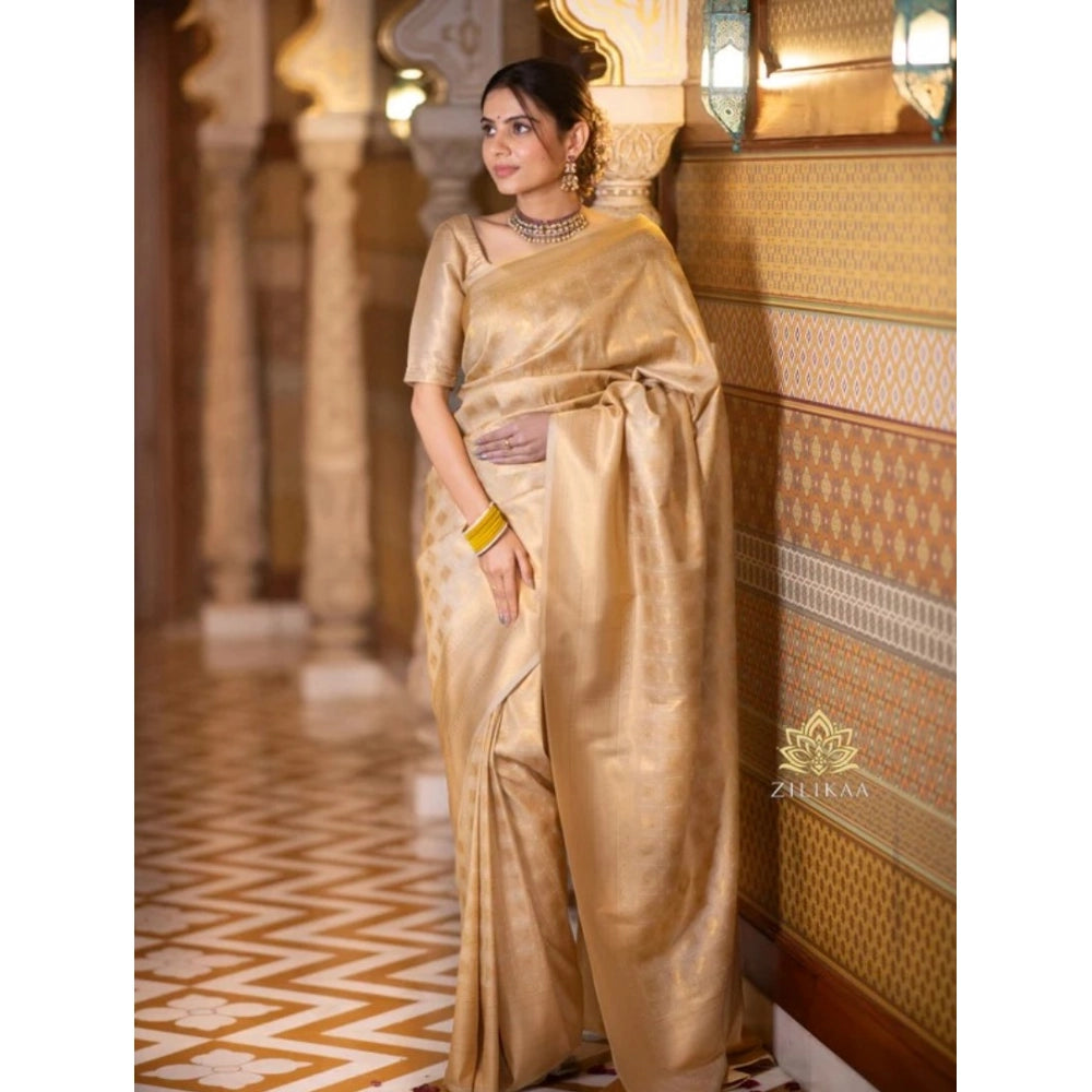 Cream silk printed saree with unstitched blouse (5.5Mtr), high-quality traditional Indian wear for women