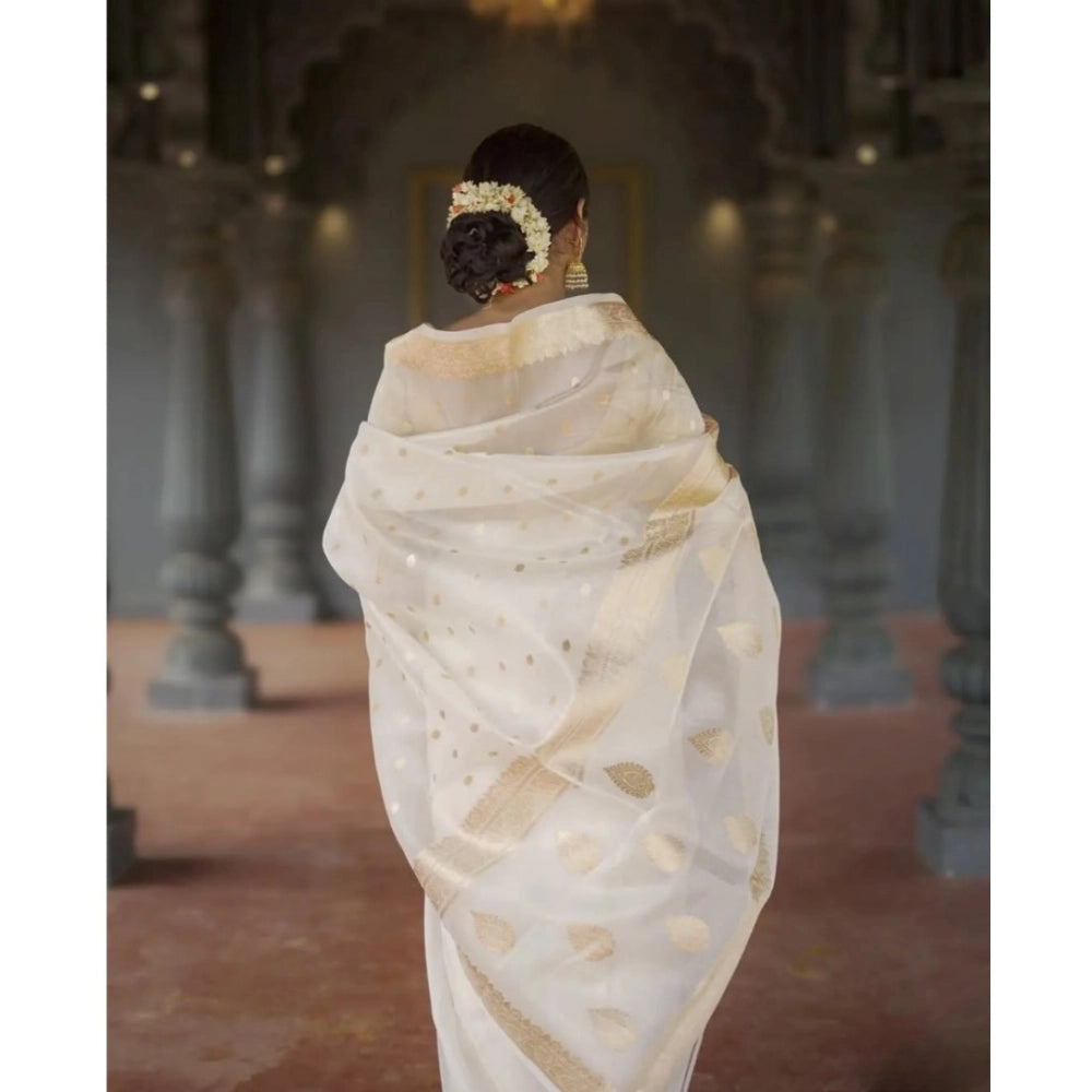 White cotton printed saree with unstitched blouse, vibrant design for traditional Indian wear