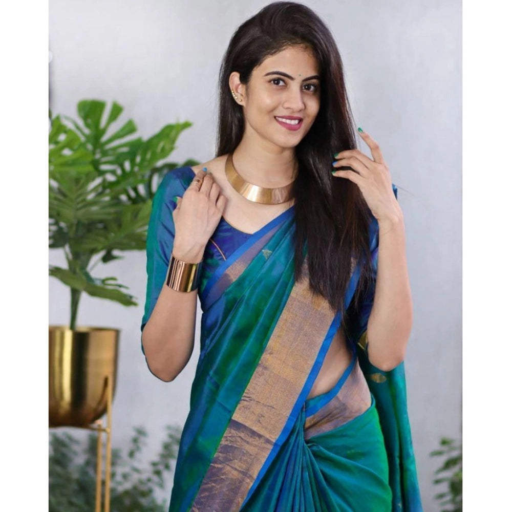 Blue silk printed saree with unstitched blouse (5.5mtr), luxurious Indian fashion accessory on display