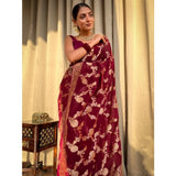 Maroon silk printed saree with unstitched blouse (5.5Mtr), high-quality Indian women's traditional attire