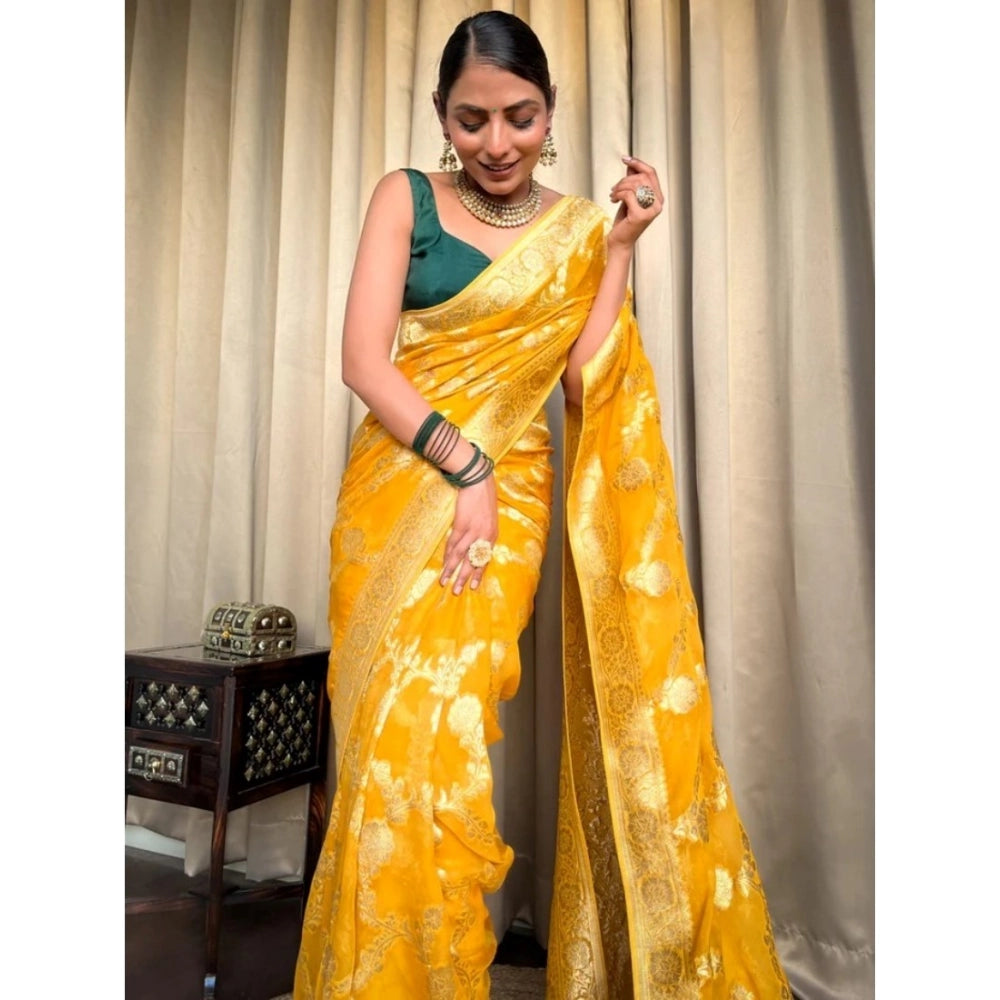 Gold yellow silk printed saree with unstitched blouse (5.5mtr), showcasing intricate patterns on display