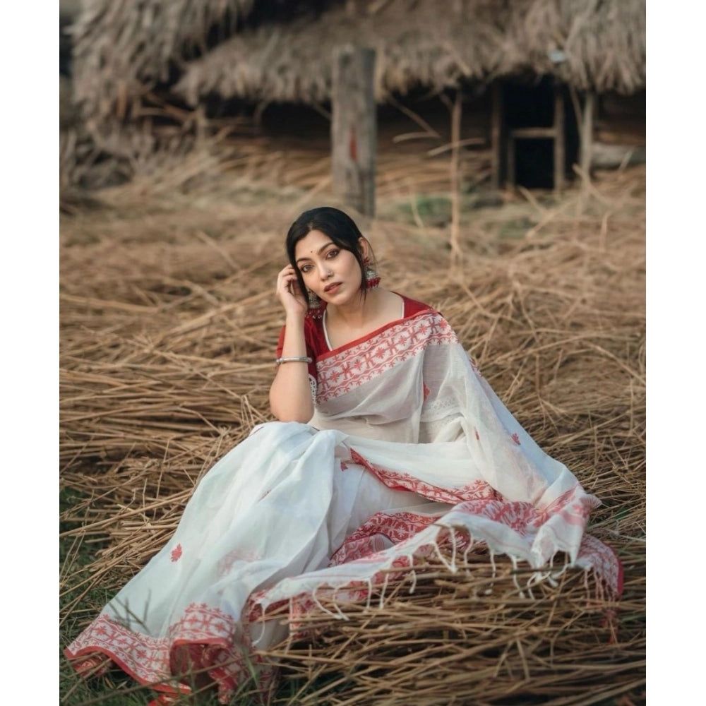 White-red cotton printed saree with unstitched blouse, vibrant traditional Indian attire for women