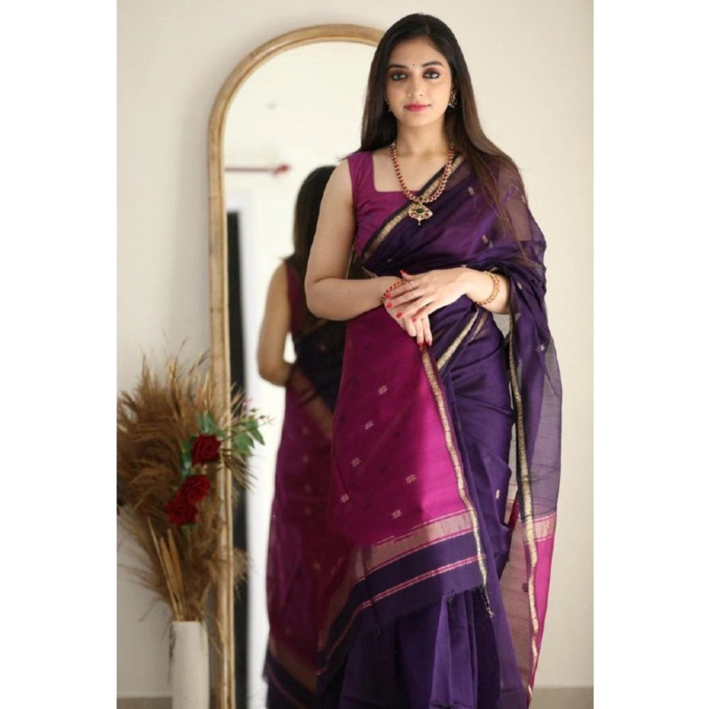 Navy blue cotton printed saree with unstitched blouse (5.5Mtr) - traditional Indian attire for women