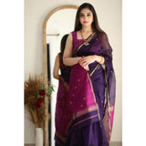 Navy blue cotton printed saree with unstitched blouse (5.5Mtr) - traditional Indian attire for women