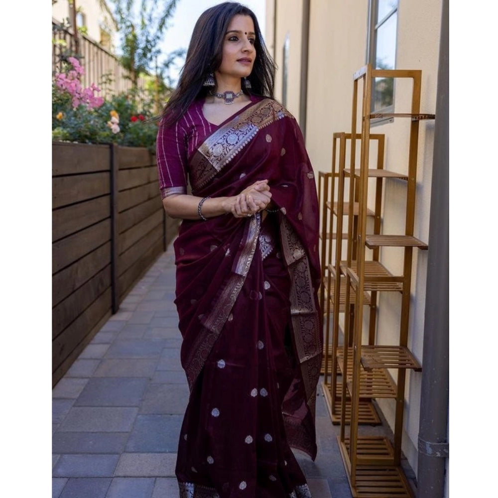 Maroon cotton printed saree with unstitched blouse (5.5Mtr) - Indian women's fashion, cotton apparel