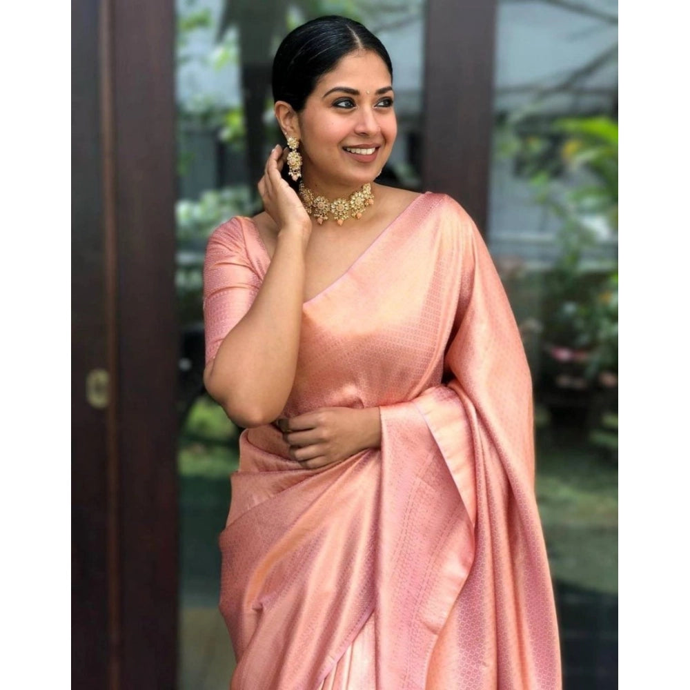 Peach silk printed saree with unstitched blouse, vibrant design on 5.5mtr length