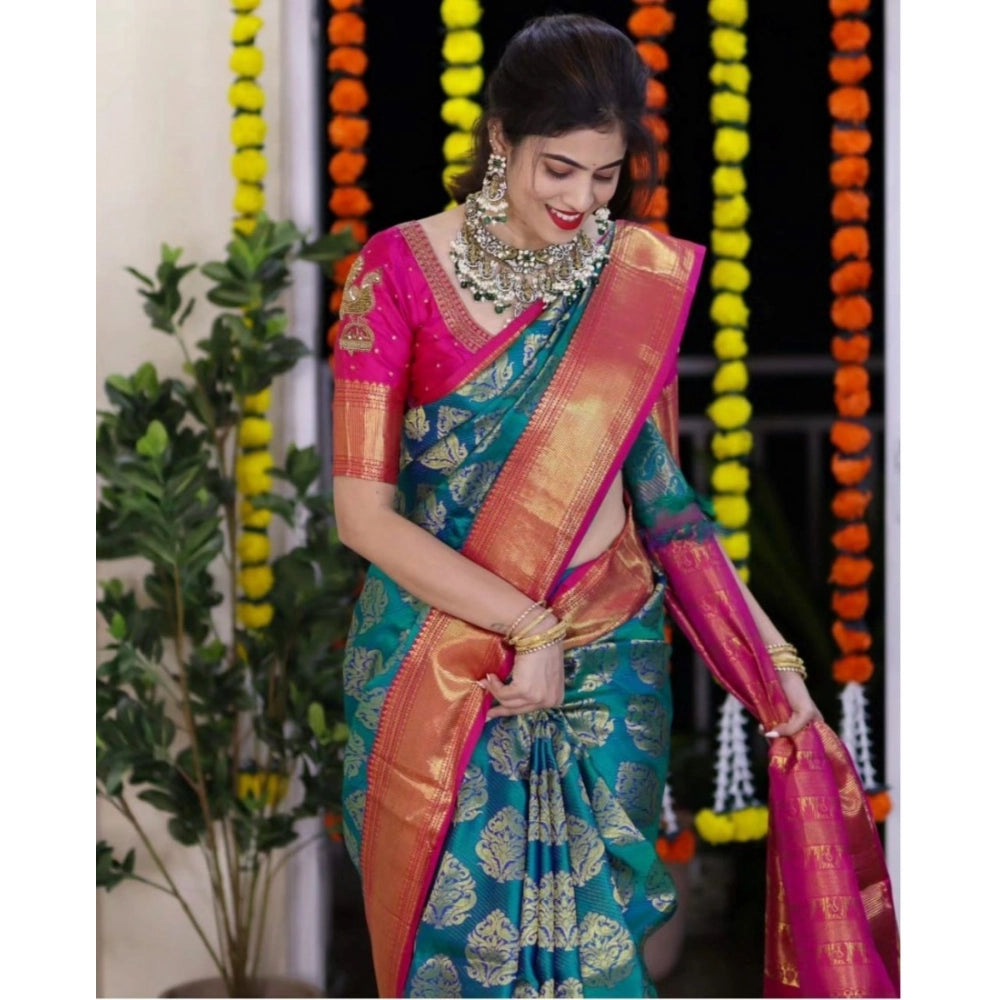 Teal blue silk printed saree with unstitched blouse (5.5mtr), luxury Indian women's fashion wear on mannequin