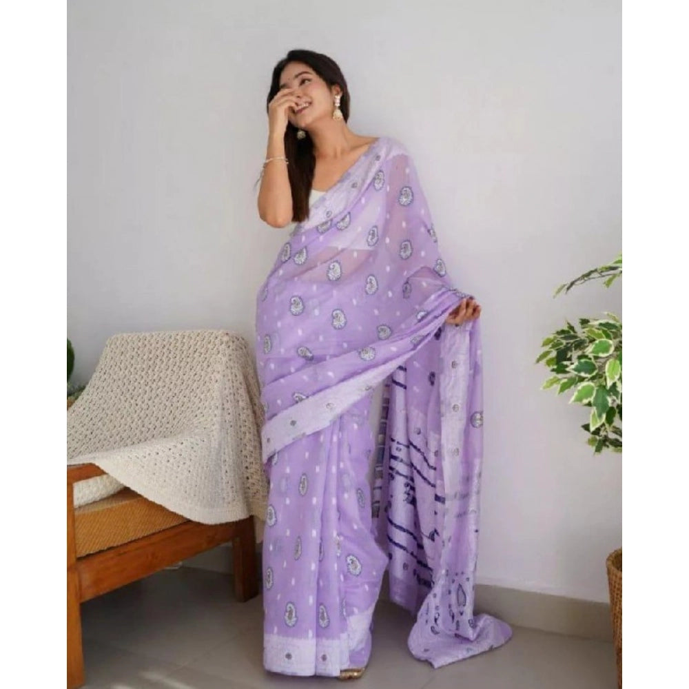Lavender cotton printed saree with unstitched blouse (5.5mtr), vibrant floral patterns on display