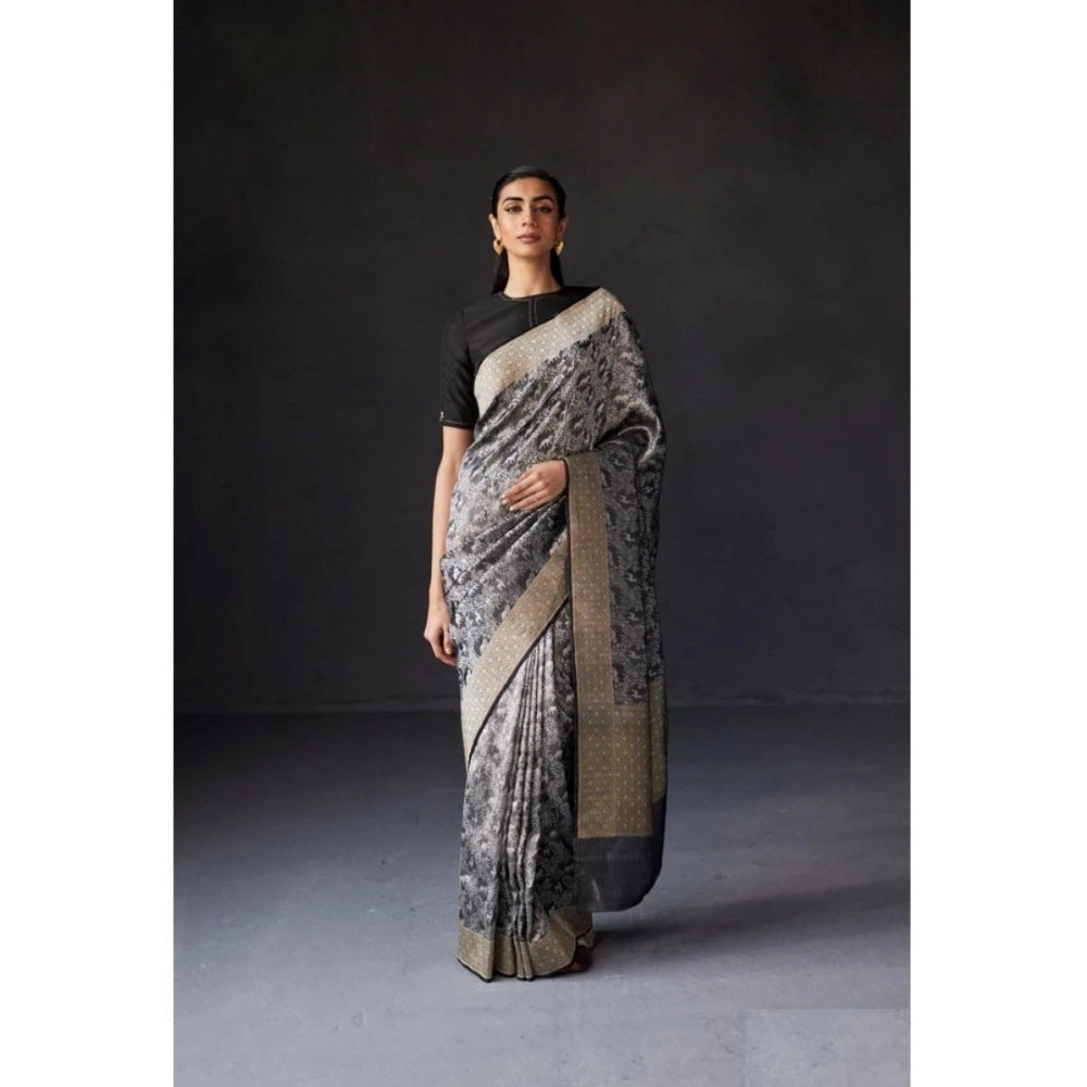 Grey silk printed saree with unstitched blouse (5.5Mtr) - luxurious, traditional Indian wear on mannequin