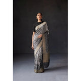 Grey silk printed saree with unstitched blouse (5.5Mtr) - luxurious, traditional Indian wear on mannequin