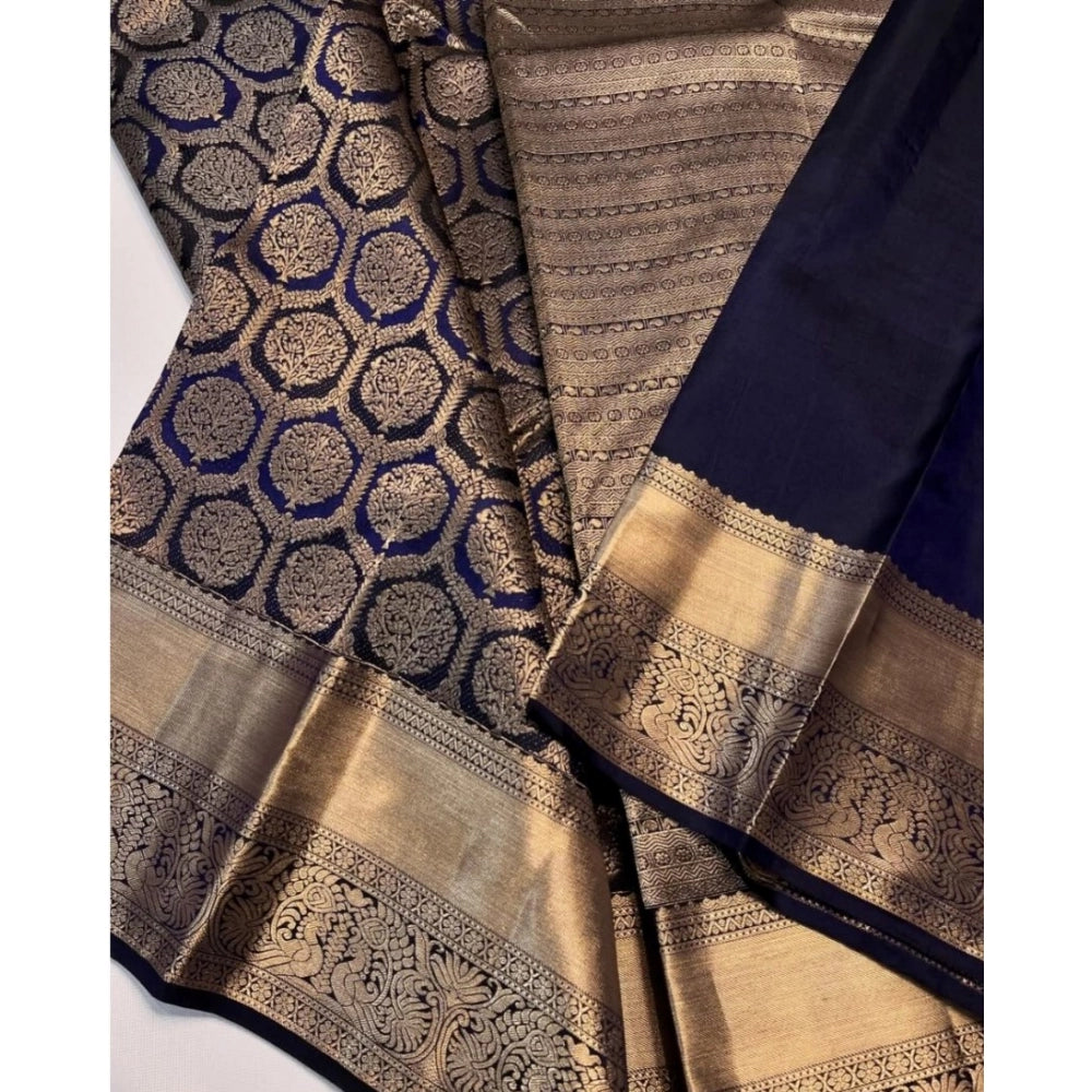 Navy blue silk printed saree with unstitched blouse, 5.5Mtr length on mannequin