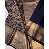 Navy blue silk printed saree with unstitched blouse, 5.5Mtr length on mannequin
