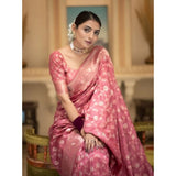 Peach silk printed saree with unstitched blouse (5.5mtr), luxurious traditional Indian attire for women