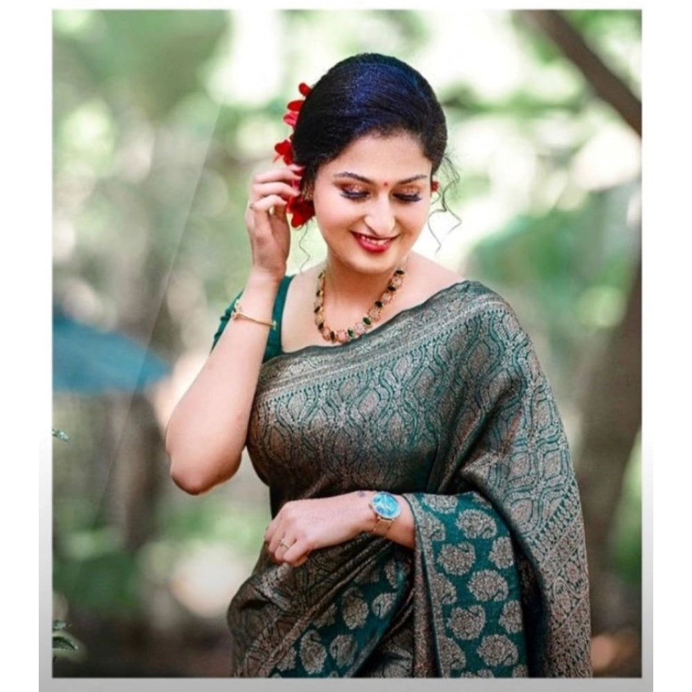 Green silk printed saree with unstitched blouse (5.5mtr) on mannequin