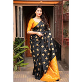 Yellow silk printed saree with unstitched blouse (5.5mtr), luxury Indian women's traditional wear on display