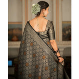 Black silk printed saree with unstitched blouse (5.5Mtr) on mannequin