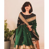Dark green silk printed saree with unstitched blouse (5.5Mtr), luxury ethnic wear for women