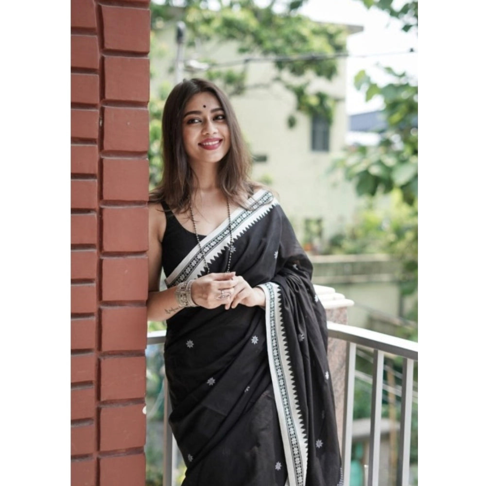 Black cotton printed saree with unstitched blouse, vibrant design on display