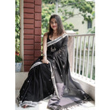 Black cotton printed saree with unstitched blouse (5.5mtr), traditional Indian attire for women