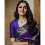 Purple silk printed saree with unstitched blouse (5.5Mtr), elegant Indian women's fashion accessory on mannequin