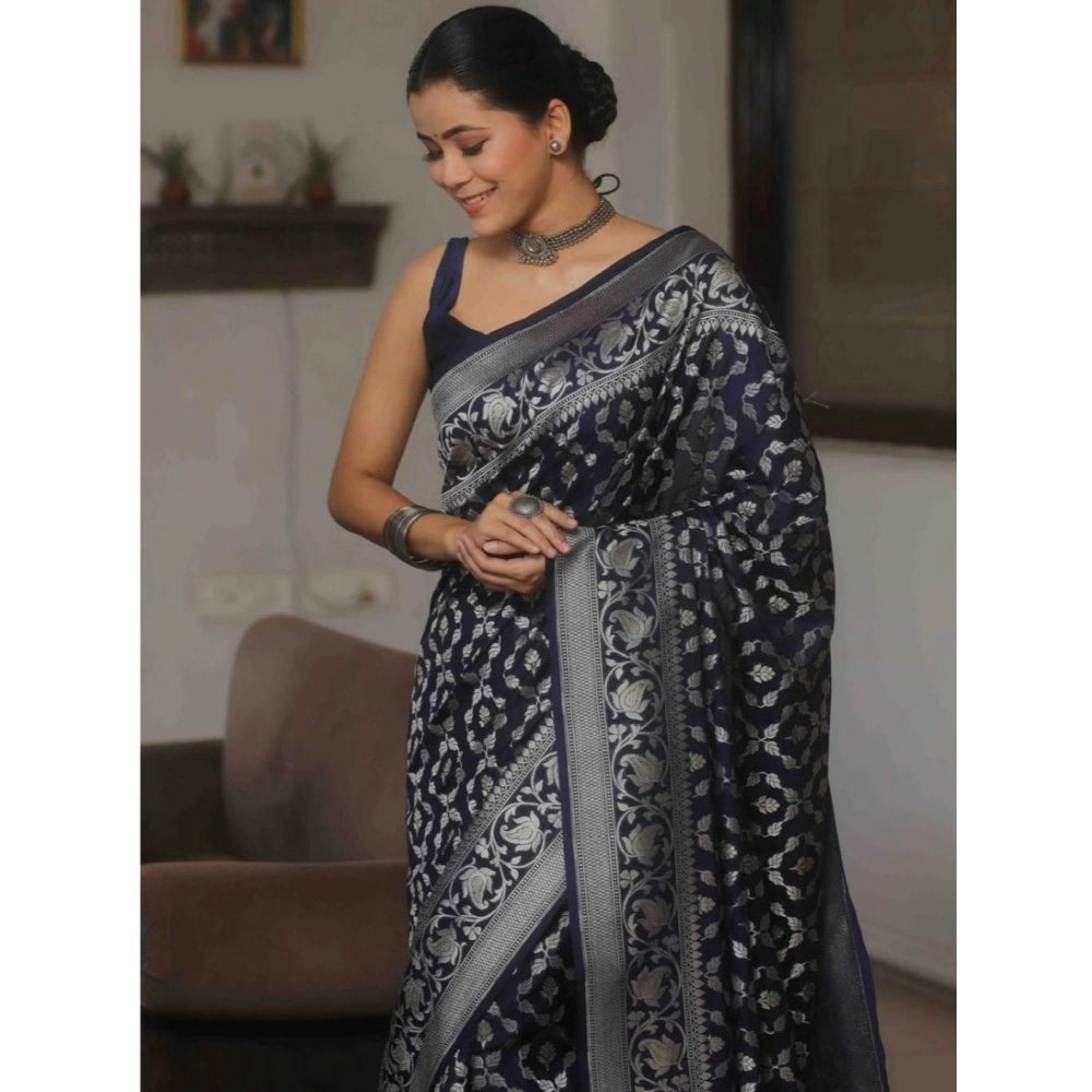 Navy blue silk printed saree with unstitched blouse (5.5mtr), luxurious silk attire for women