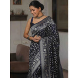 Navy blue silk printed saree with unstitched blouse (5.5mtr), luxurious silk attire for women