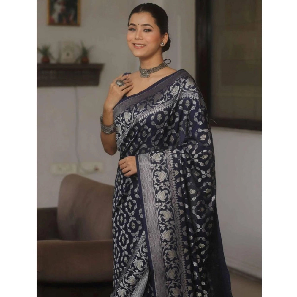 Navy blue silk printed saree with unstitched blouse (5.5Mtr), luxurious Indian attire for women