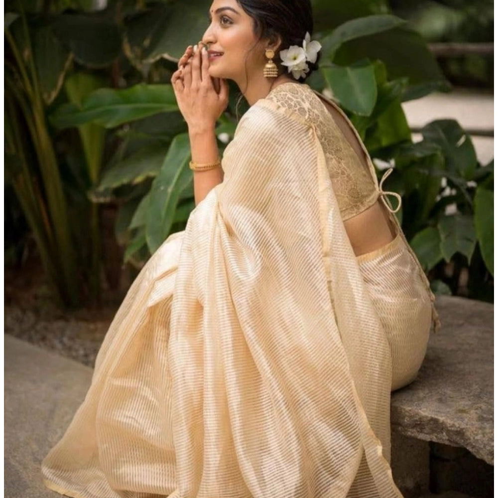 Off-white silk printed saree with unstitched blouse (5.5Mtr), elegant Indian attire for women on display