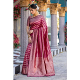 Pink silk printed saree with unstitched blouse (5.5mtr), exquisite Indian attire on hanger