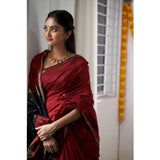 Red cotton printed saree with unstitched blouse (5.5mtr), traditional Indian attire on hanger