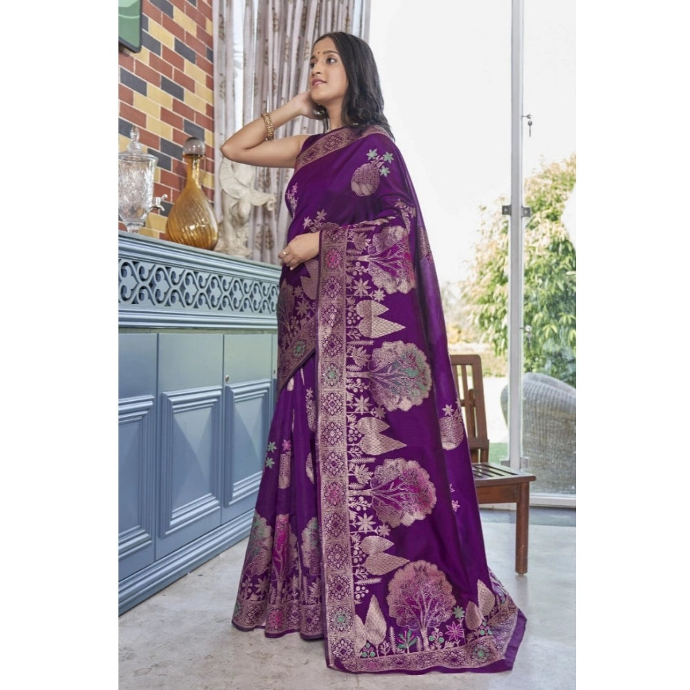 Purple silk printed saree with unstitched blouse (5.5mtr), luxury Indian women's wear