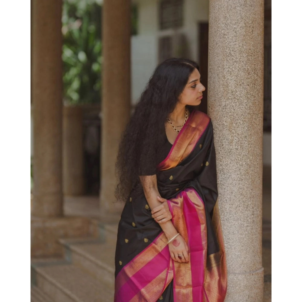 Black-Pink silk printed saree with unstitched blouse (5.5mtr), exquisite Indian women's wear