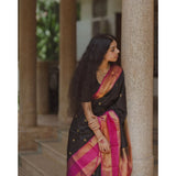 Black-Pink silk printed saree with unstitched blouse (5.5mtr), exquisite Indian women's wear