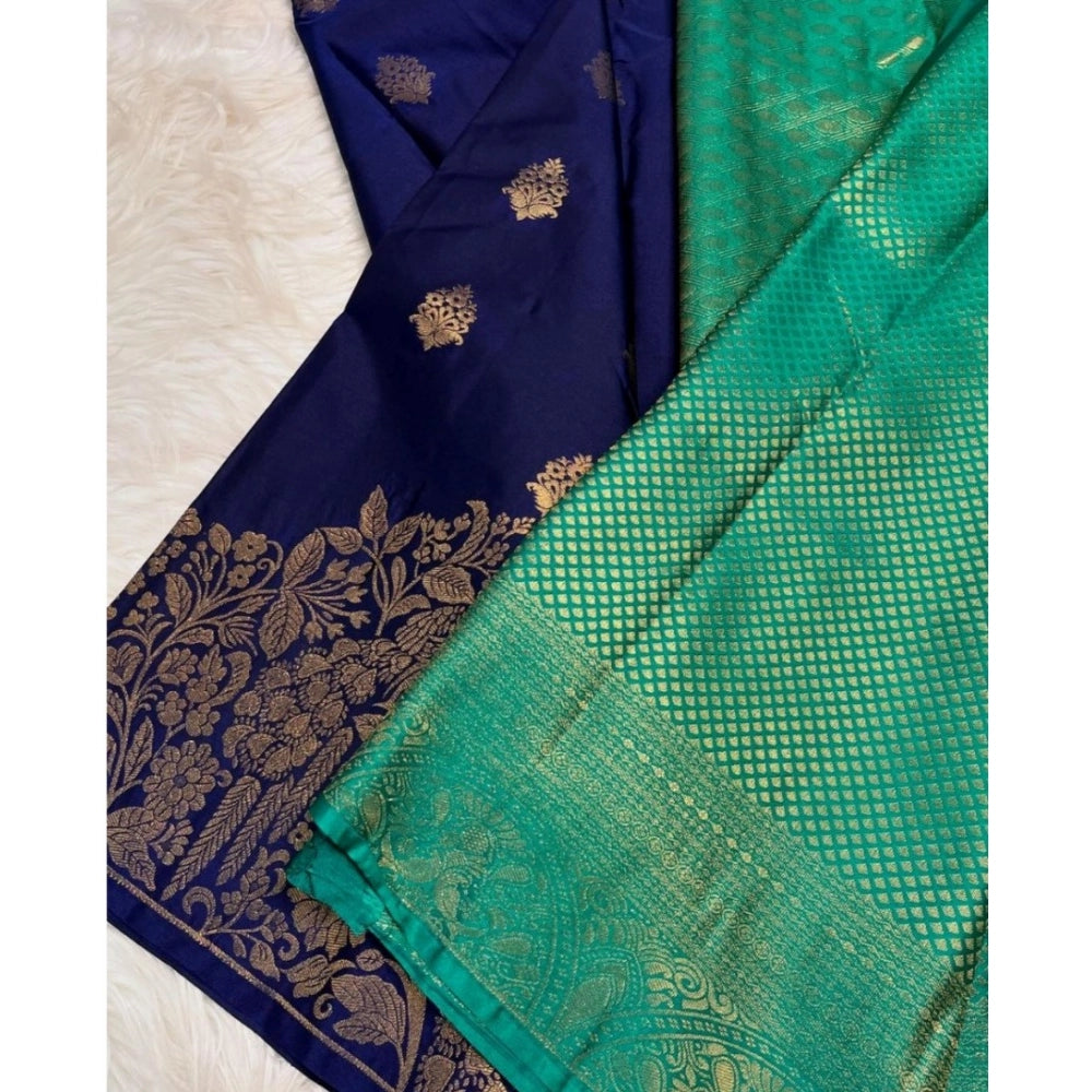 Royal blue silk printed saree with unstitched blouse, 5.5mtr length
