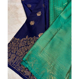 Royal blue silk printed saree with unstitched blouse, 5.5mtr length