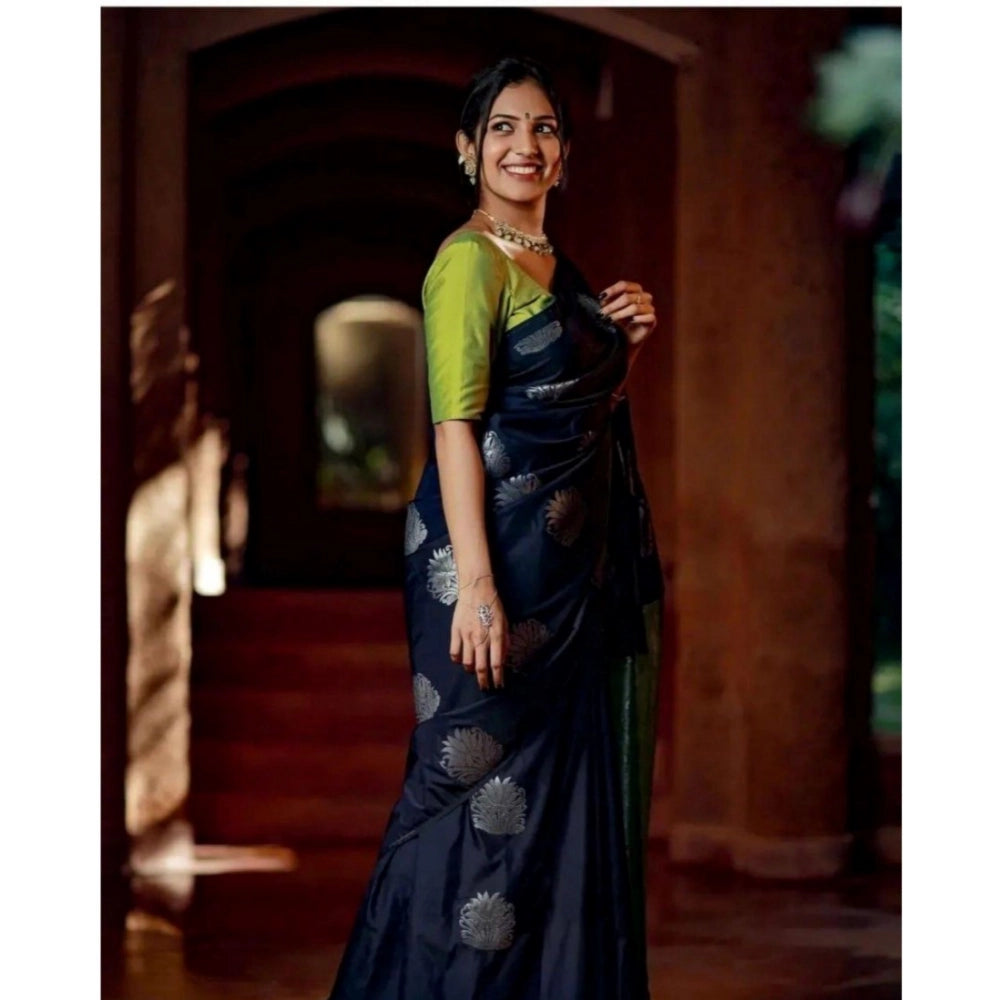 Navy blue silk printed saree with unstitched blouse (5.5Mtr), vibrant pattern on traditional Indian attire