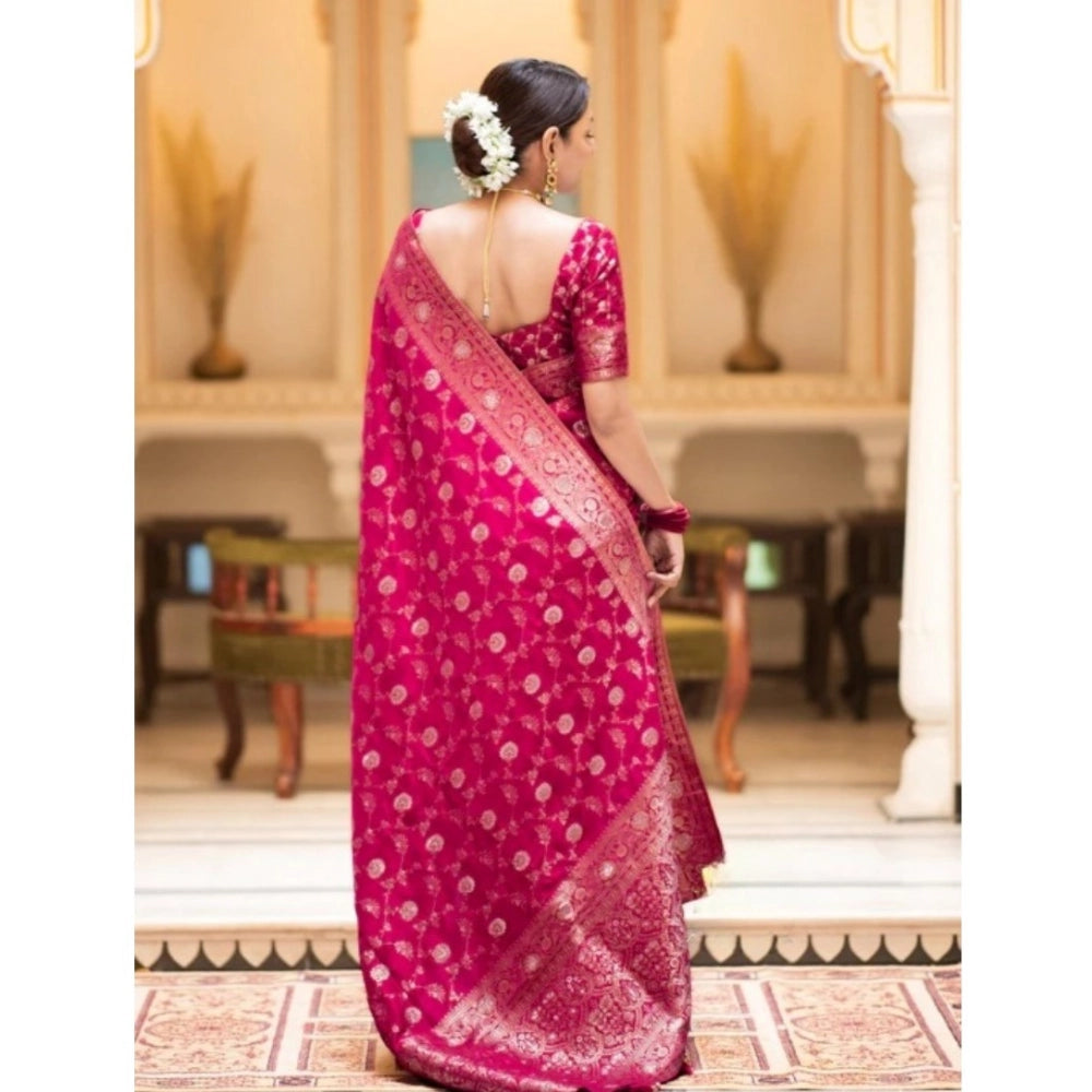 Rani Pink silk printed saree with unstitched blouse (5.5Mtr), vibrant pattern on flowing fabric