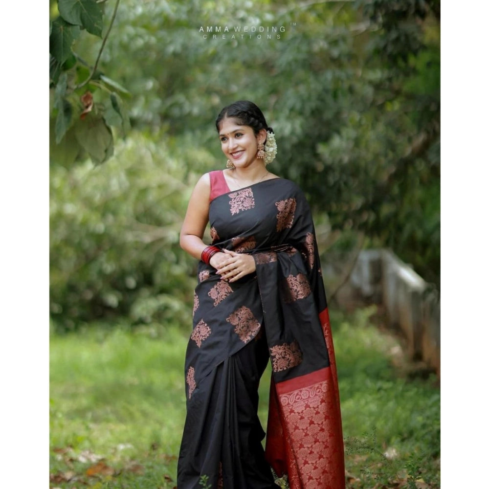 Black and Red Silk Printed Saree with Unstitched Blouse, ideal for traditional Indian wear