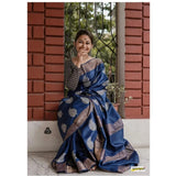 Navy blue silk printed saree with unstitched blouse, 5.5mtr length on a model