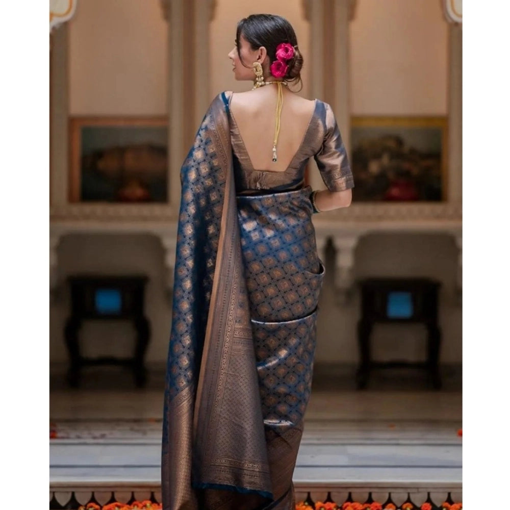 Blue silk printed saree with unstitched blouse (5.5mtr) on hanger
