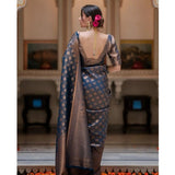 Blue silk printed saree with unstitched blouse (5.5mtr) on hanger
