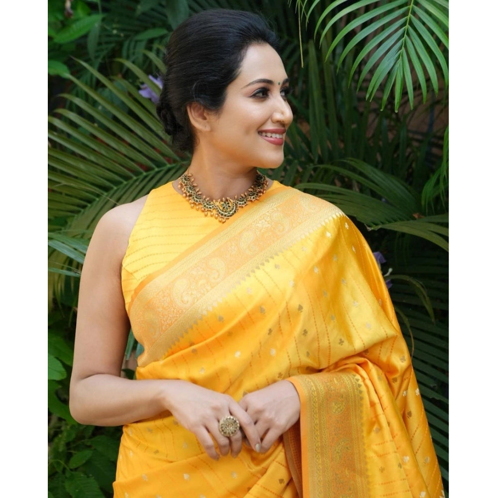 Yellow silk printed saree with unstitched blouse (5.5mtr) - vibrant, elegant Indian traditional wear