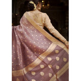 Women's cotton printed rose gold saree with unstitched blouse, vibrant pattern showcased on mannequin