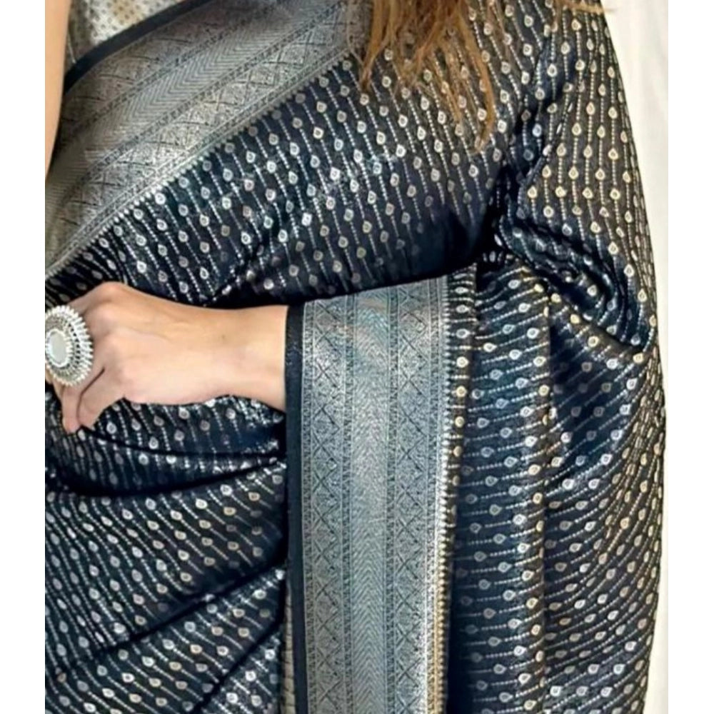 Black silk printed saree with unstitched blouse (5.5mtr), luxurious Indian traditional wear on mannequin