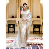 White silk printed saree with unstitched blouse (5.5Mtr) on hanger
