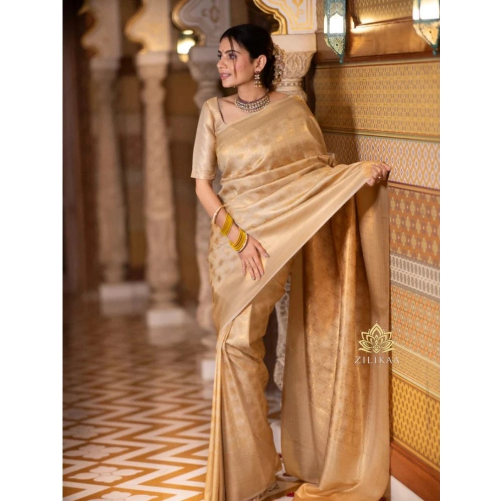Cream silk printed saree with unstitched blouse (5.5mtr), women's traditional Indian attire on mannequin