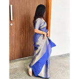 Royal blue silk printed saree with unstitched blouse (5.5Mtr), luxury Asian women's fashion wear