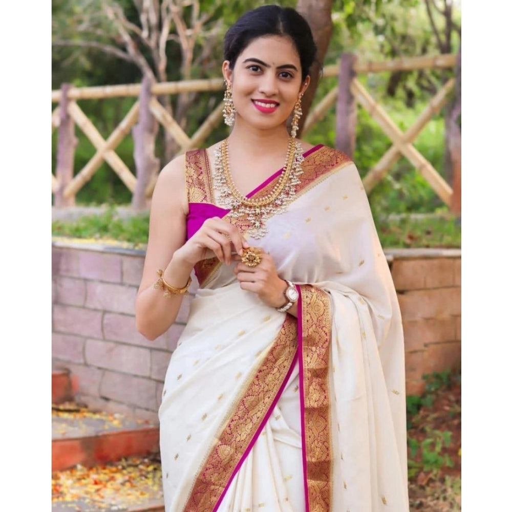 White silk printed saree with unstitched blouse (5.5Mtr), elegant traditional wear for women