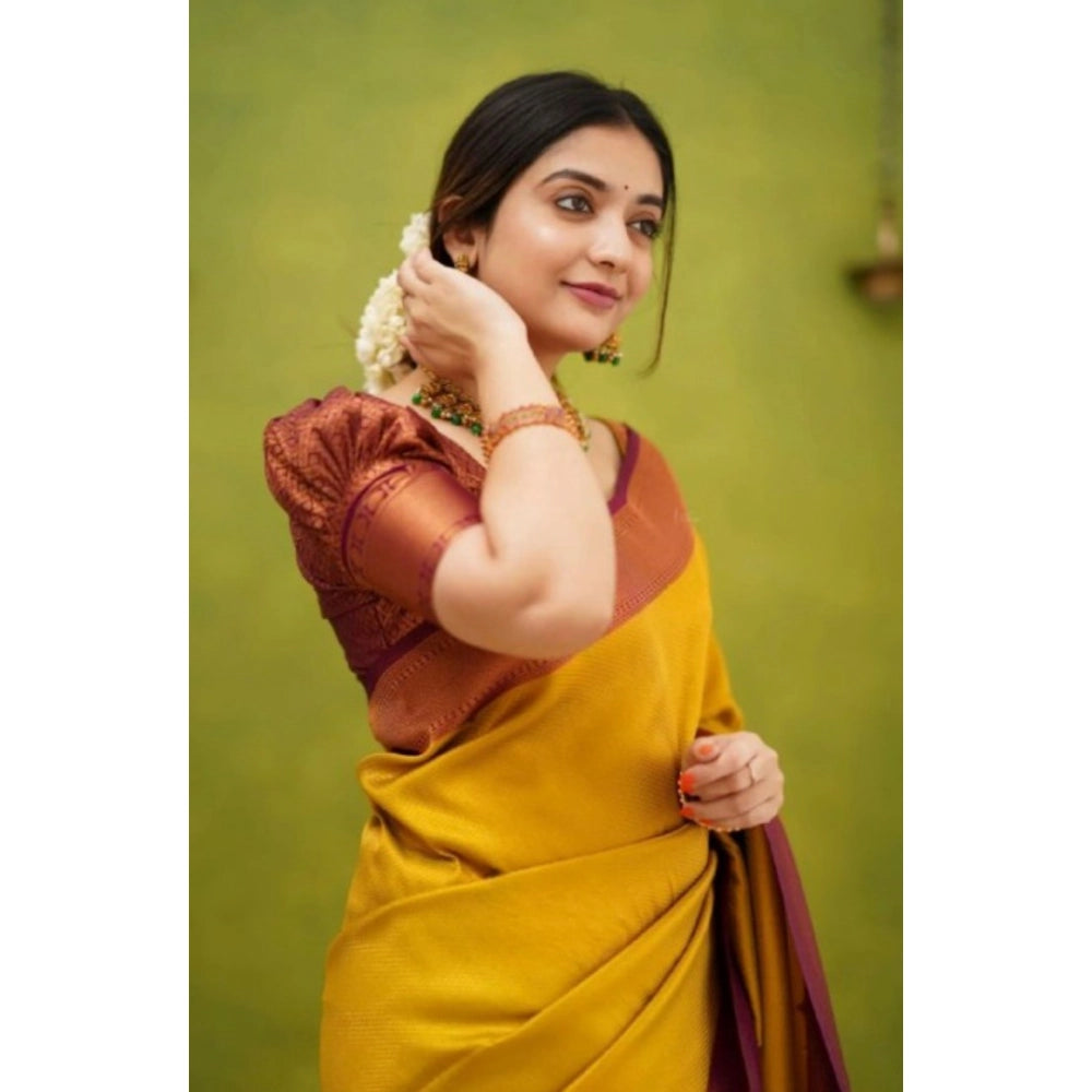 Yellow silk printed saree with unstitched blouse (5.5mtr) - vibrant, luxury Indian attire for women